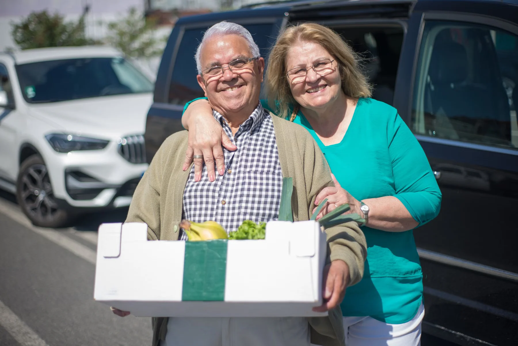An older couple with their groceries beside a parked car.